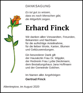 Traueranzeige von Erhard Finck von Neubrandenburger Zeitung