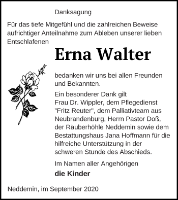 Traueranzeige von Erna Walter von Neubrandenburger Zeitung