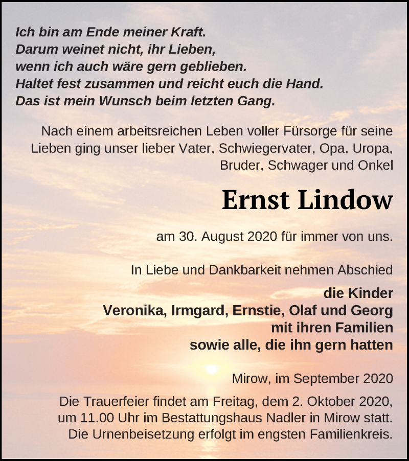  Traueranzeige für Ernst Lindow vom 04.09.2020 aus Strelitzer Zeitung