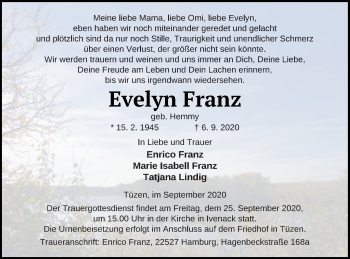 Traueranzeige von Evelyn Franz von Neubrandenburger Zeitung