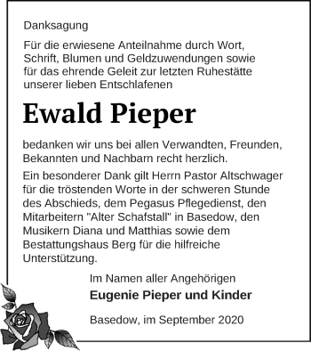 Traueranzeige von Ewald Pieper von Mecklenburger Schweiz