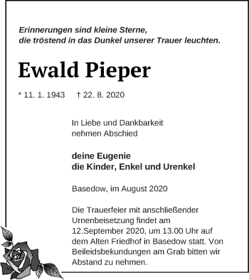 Traueranzeige von Ewald Pieper von Mecklenburger Schweiz