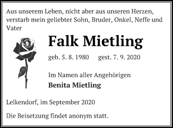 Traueranzeige von Falk Mietling von Mecklenburger Schweiz