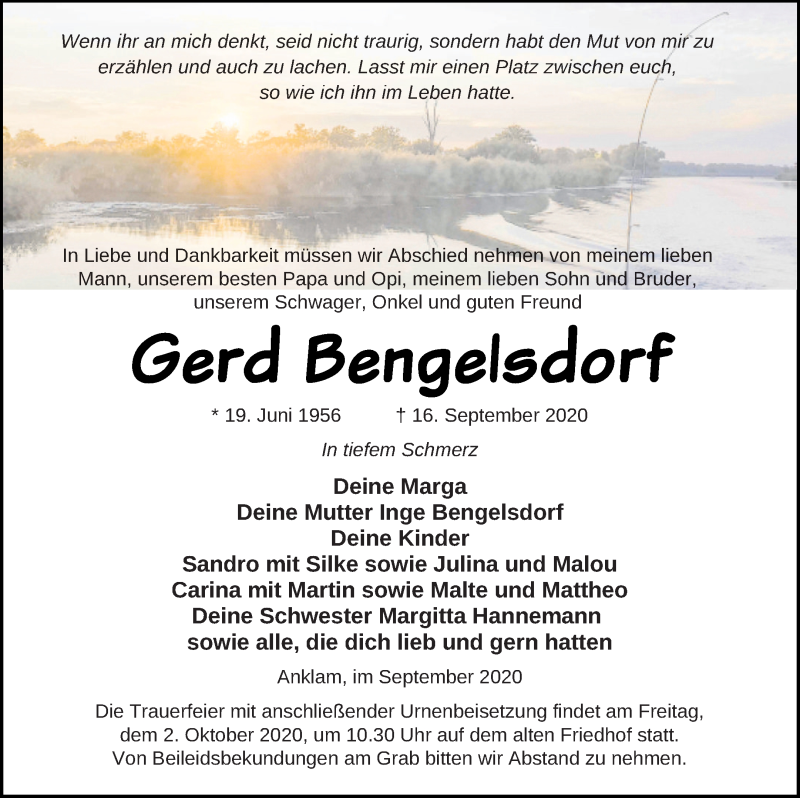  Traueranzeige für Gerd Bengelsdorf vom 19.09.2020 aus Vorpommern Kurier