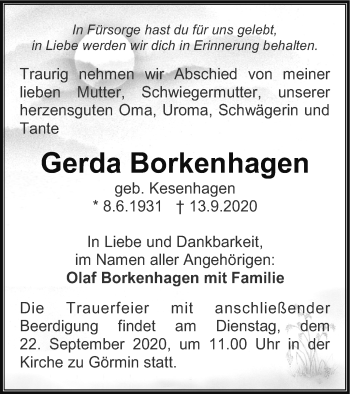 Traueranzeige von Gerda Borkenhagen von Vorpommern Kurier