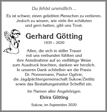 Traueranzeige von Gerhard Götting von Zeitung für die Landeshauptstadt