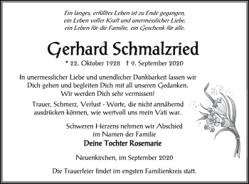 Traueranzeige von Gerhard Schmalzried von Vorpommern Kurier