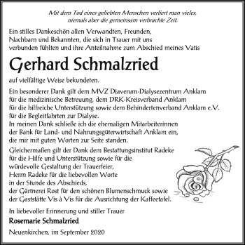 Traueranzeige von Gerhard Schmalzried von Vorpommern Kurier