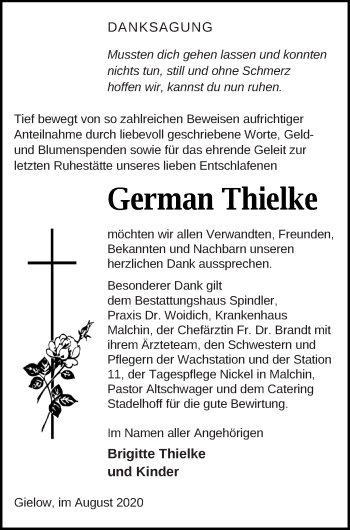 Traueranzeige von German Thielke von Mecklenburger Schweiz