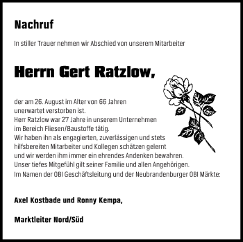 Traueranzeige von Gert Ratzlow von Neubrandenburger Zeitung