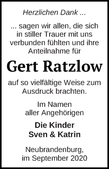 Traueranzeige von Gert Ratzlow von Neubrandenburger Zeitung