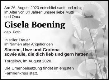 Traueranzeige von Gisela Boening von Haff-Zeitung