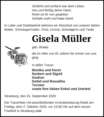 Traueranzeige von Gisela Müller von Pasewalker Zeitung