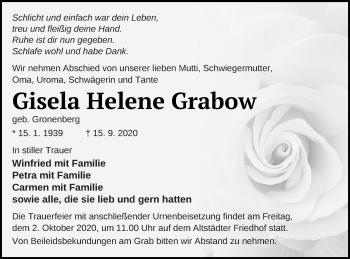 Traueranzeige von Gisela Helene Grabow von Müritz-Zeitung