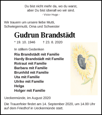 Traueranzeige von Gudrun Brandstädt von Haff-Zeitung