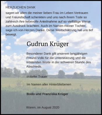 Traueranzeige von Gudrun Krüger von Müritz-Zeitung