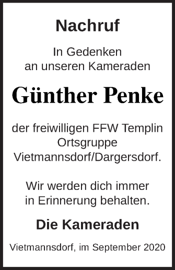 Traueranzeige von Günther Penke von Templiner Zeitung