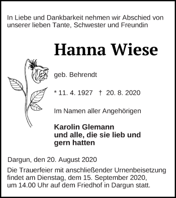 Traueranzeige von Hanna Wiese von Mecklenburger Schweiz