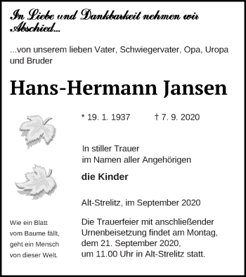 Traueranzeige von Hans-Hermann Jansen von Strelitzer Zeitung