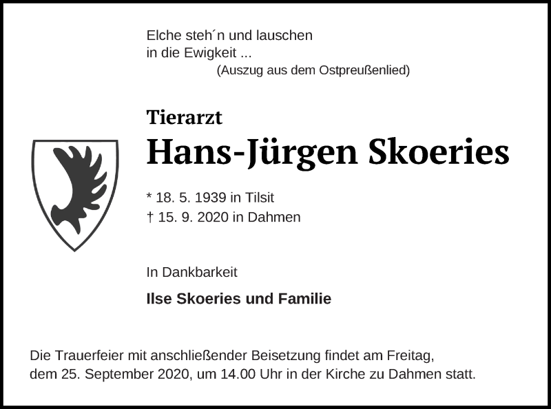  Traueranzeige für Hans-Jürgen Skoeries vom 19.09.2020 aus Mecklenburger Schweiz