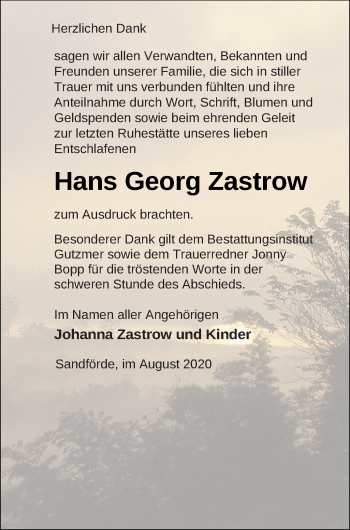 Traueranzeige von Hans Georg Zastrow von Pasewalker Zeitung