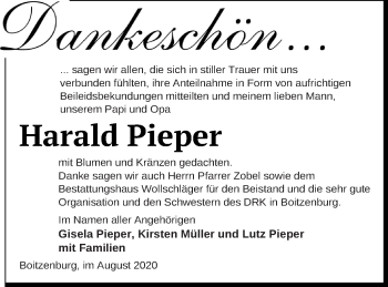 Traueranzeige von Harald Pieper von Templiner Zeitung