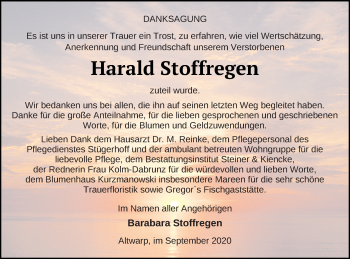 Traueranzeige von Harald Stoffregen von Haff-Zeitung