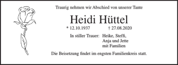 Traueranzeige von Heidi Hüttel von Norddeutsche Neueste Nachrichten