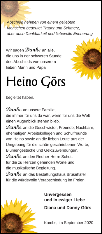 Traueranzeige von Heino Görs von Müritz-Zeitung