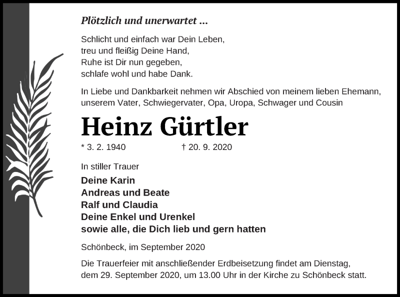  Traueranzeige für Heinz Gürtler vom 24.09.2020 aus Neubrandenburger Zeitung