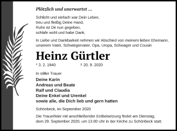 Traueranzeige von Heinz Gürtler von Neubrandenburger Zeitung