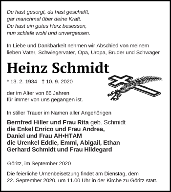 Traueranzeige von Heinz Schmidt von Prenzlauer Zeitung