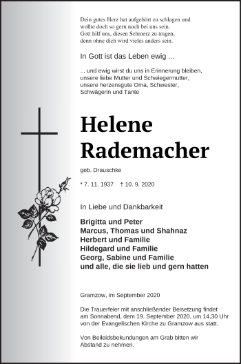 Traueranzeige von Helene Rademacher von Prenzlauer Zeitung