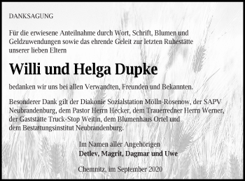 Traueranzeige von Helga Dupke von Neubrandenburger Zeitung