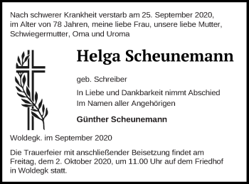 Traueranzeige von Helga Scheunemann von Prenzlauer Zeitung