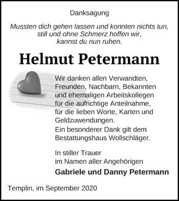 Traueranzeige von Helmut Petermann von Templiner Zeitung
