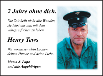 Traueranzeige von Henry Tews von Pasewalker Zeitung