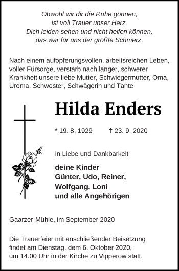 Traueranzeige von Hilda Enders von Müritz-Zeitung