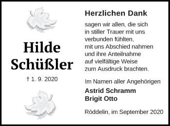 Traueranzeige von Hilde Schüßler von Templiner Zeitung