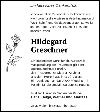 Traueranzeige von Hildegard Greschner von Müritz-Zeitung