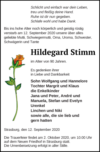 Traueranzeige von Hildegard Stimm von Pasewalker Zeitung