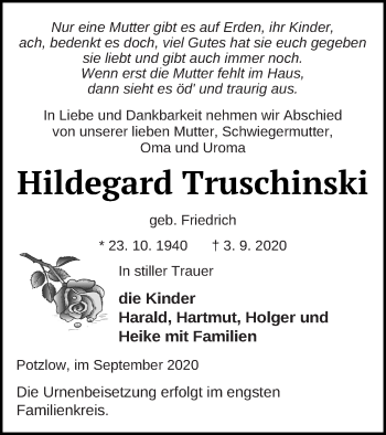 Traueranzeige von Hildegard Truschinski von Prenzlauer Zeitung