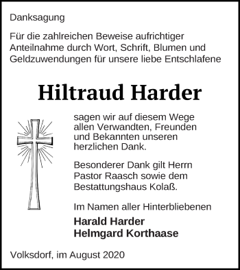 Traueranzeige von Hiltraud Harder von Demminer Zeitung