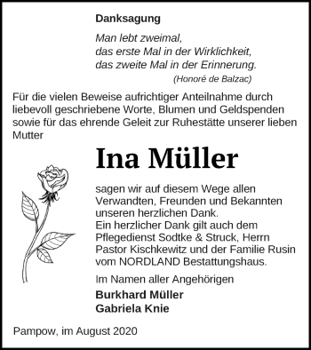 Traueranzeige von Ina Müller von Pasewalker Zeitung