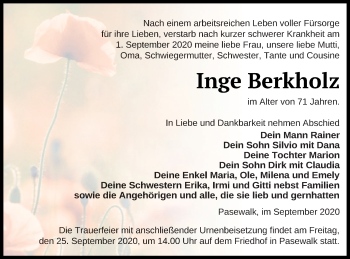 Traueranzeige von Inge Berkholz von Pasewalker Zeitung