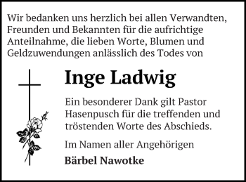 Traueranzeige von Inge Ladwig von Mecklenburger Schweiz