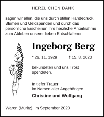 Traueranzeige von Ingeborg Berg von Müritz-Zeitung