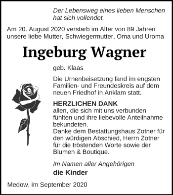 Traueranzeige von Ingeburg Wagner von Vorpommern Kurier