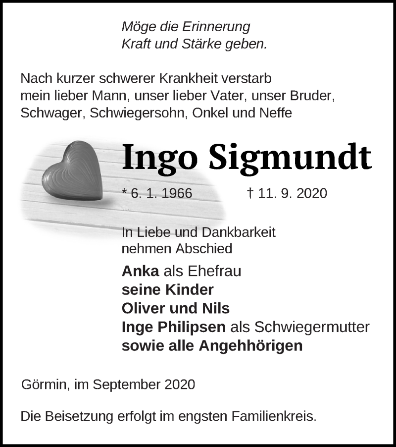  Traueranzeige für Ingo Sigmundt vom 16.09.2020 aus Vorpommern Kurier