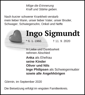 Traueranzeige von Ingo Sigmundt von Vorpommern Kurier